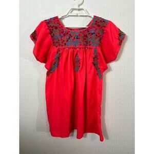 Mexican Oaxacan Blouse Womens Small Deep‎ Pink Orange Short Sleeve Little People